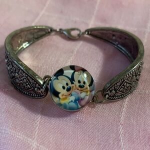 Silver-Tone Filigree Bracelet with Mickey & Minnie Button - Pink Accent